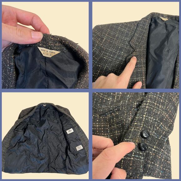 Vintage 1970s charcoal sports coat by Barrage, plaid 70s black/beige jacket - Picture 4 of 7